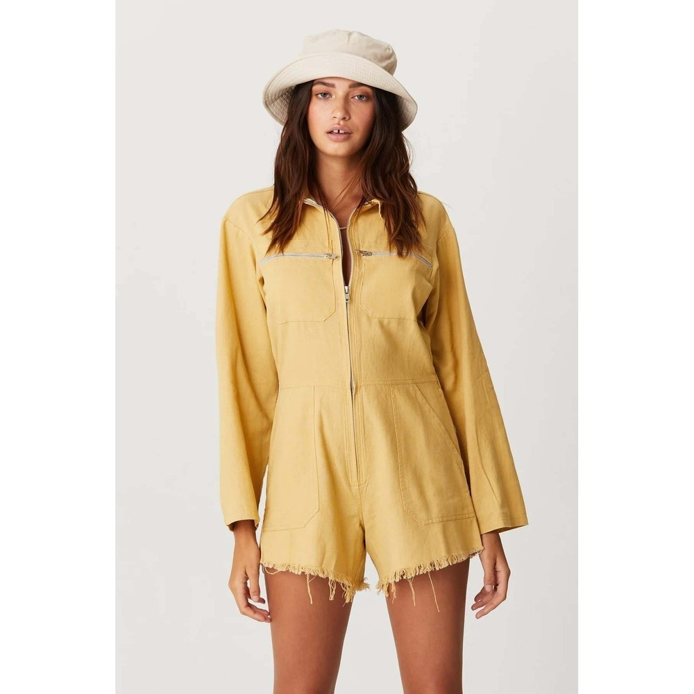 Jens Pirate Booty Yellow Linen Blend Utility Romper Long Sleeve Raw Hem Medium